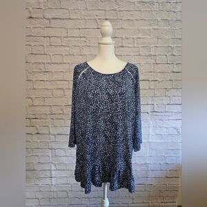 Notations Blue and White Ruffled 3/4 Sleeve Blouse